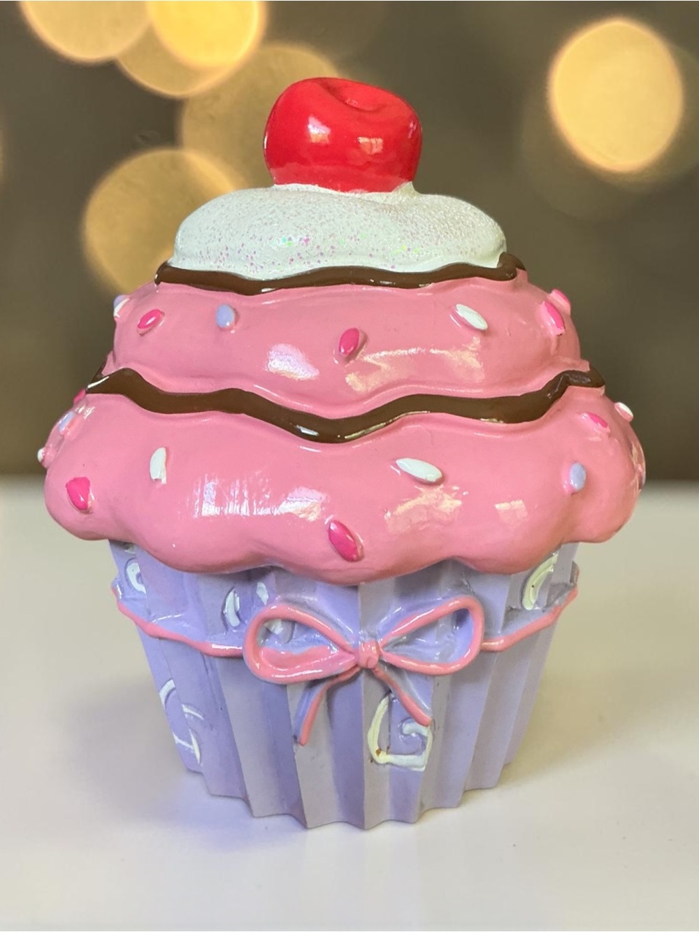 Pink & Lavender Decorative Cupcake Trinket Box with Cherry Top